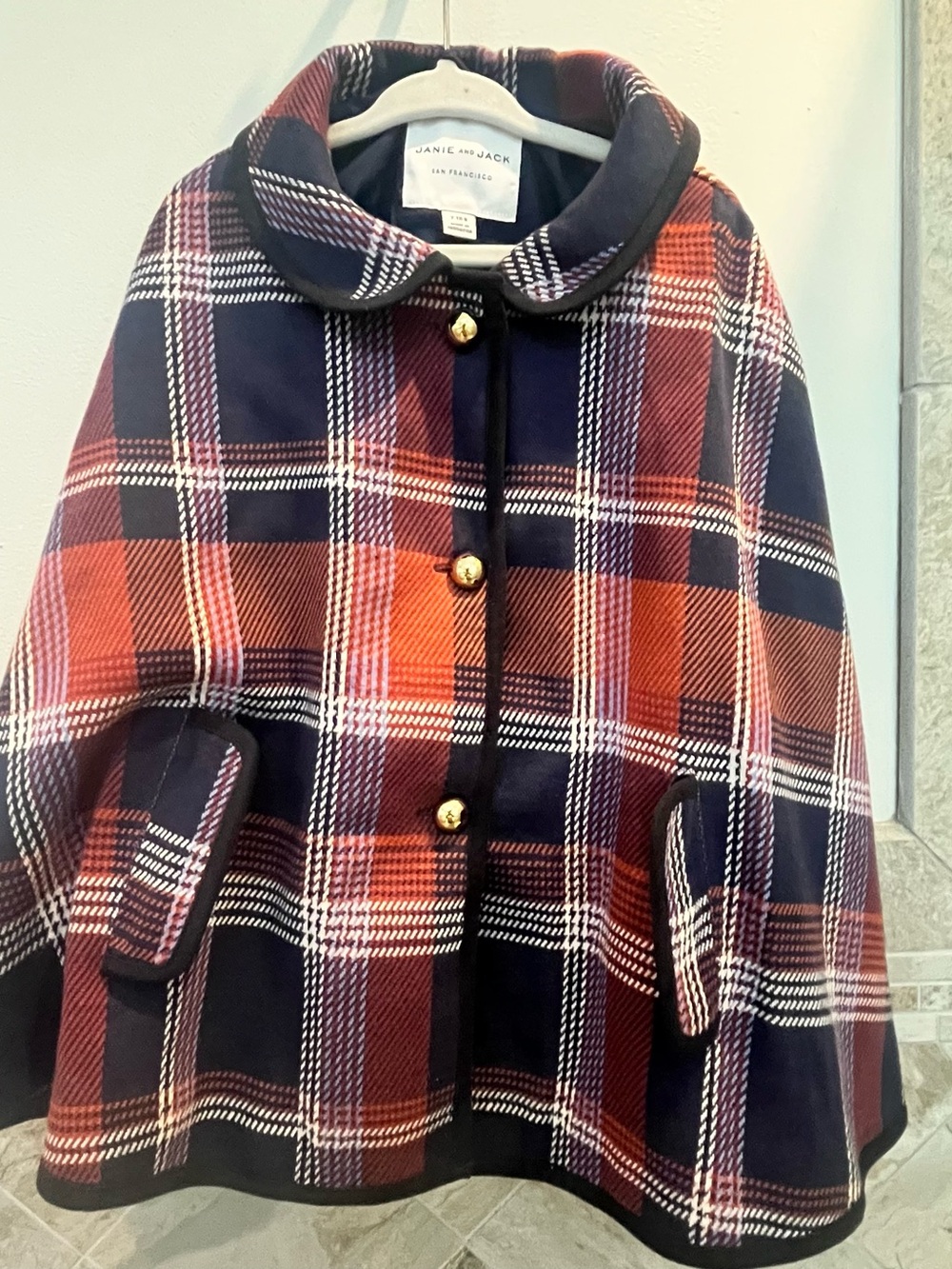 Janie and Jack Navy and Red Plaid Cape Coat with Gold Buttons